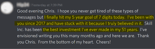 Wealth Incubator member testimonial screenshot about investor progress after joining.