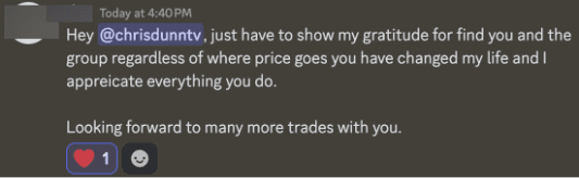 Wealth Incubator member testimonial screenshot from a long-term community member.