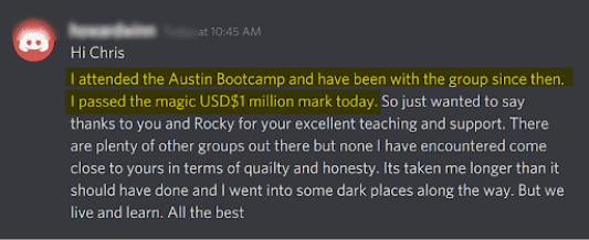 Wealth Incubator member testimonial screenshot about a personal investing milestone.